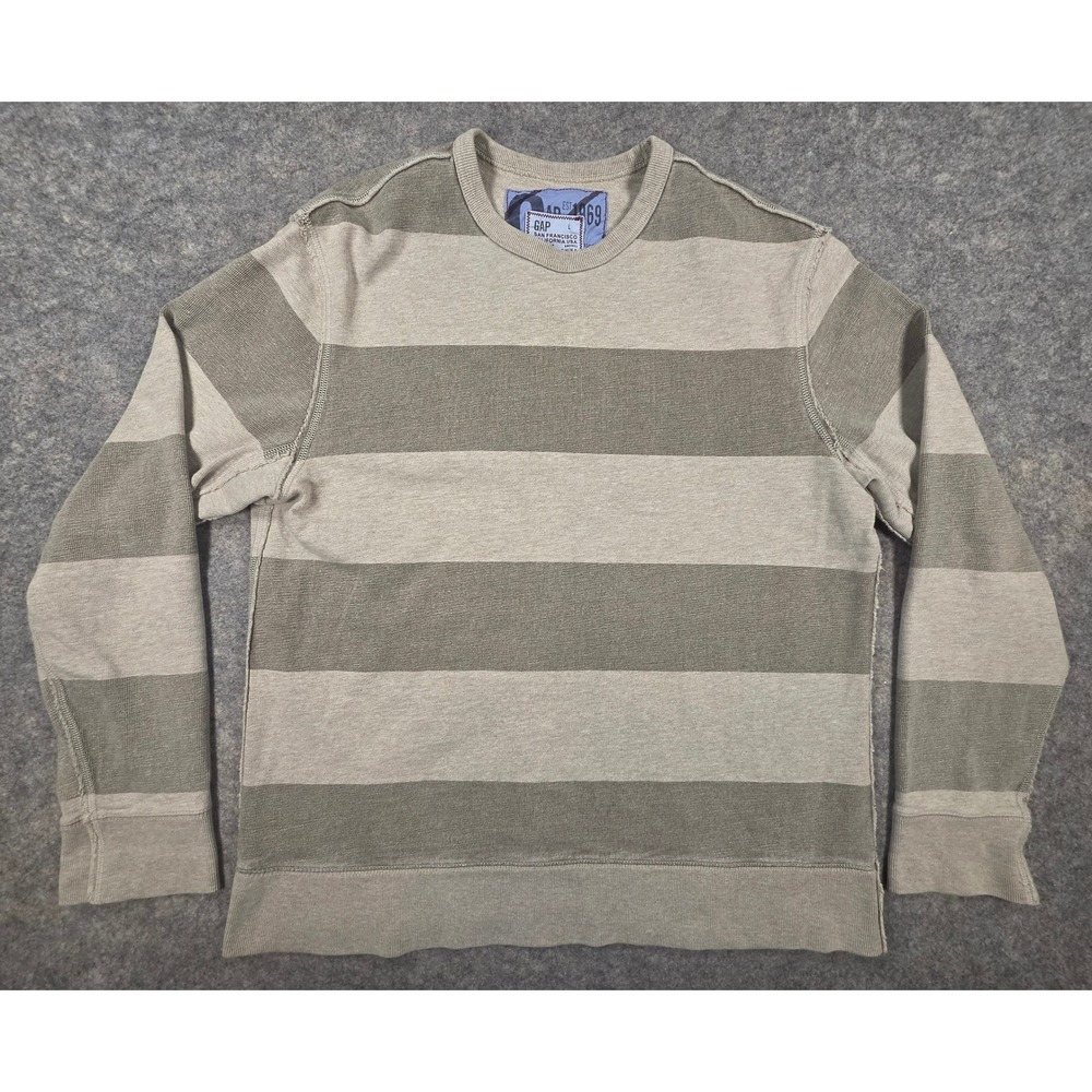 Gap 1969 Mens Large Striped Crewneck Sweatshirt Gray Olive Green Cotton Heavy